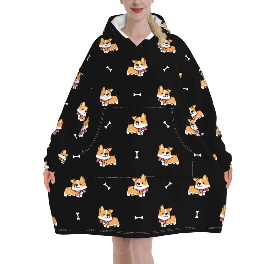 1255 Cute Corgi With Scarf Wearable Hoodie Blanket Pajamas Oversized Soft